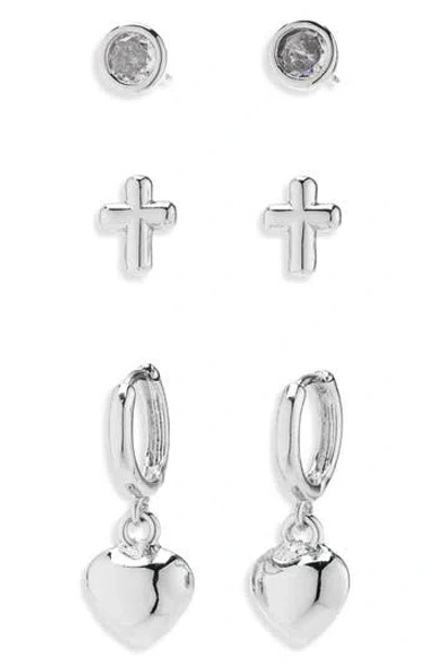 Nordstrom Rack Set Of 3 Demi Fine Heart Earrings In Clear- Silver