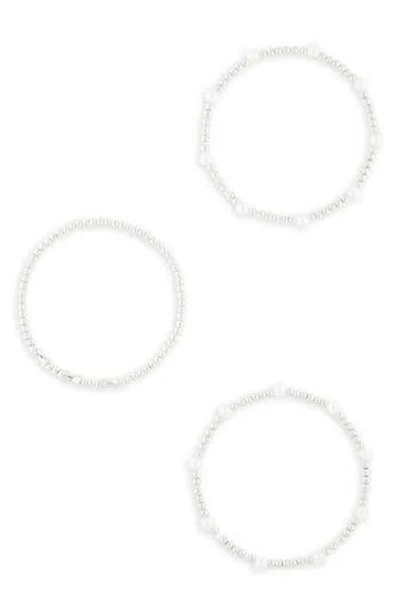 Nordstrom Rack Set Of 3 Faux Pearl Beaded Stretch Bracelets In Silver
