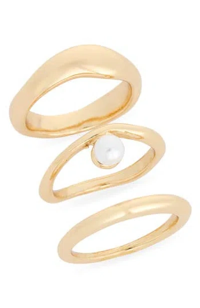 Nordstrom Rack Set Of 3 Faux Pearl Organic Band Rings In Gold
