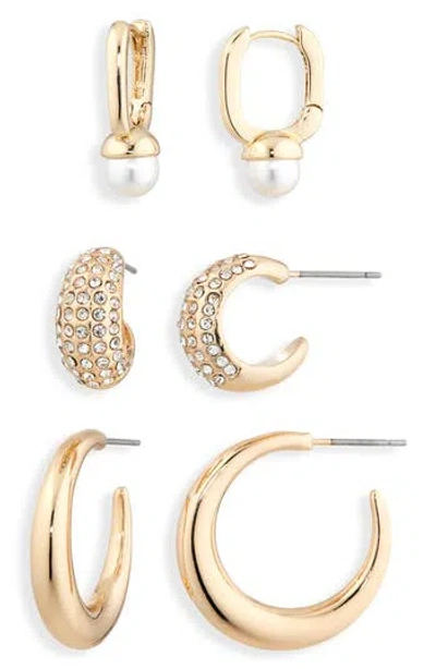 Nordstrom Rack Set Of 3 Faux Pearl, Pavé Crystal & Crescent Hoop Earrings In Gold