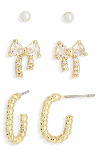 Nordstrom Rack Set Of 3 Faux Pearl Stud, Cubic Zirconia Bow & Huggie Hoop Earrings In Purple