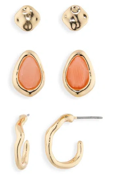 Nordstrom Rack Set Of 3 Molten Stud & Hoop Earrings In Gold