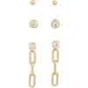 Nordstrom Rack Set Of 3 Stud & Drop Earrings In Clear- Gold