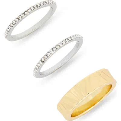 Nordstrom Rack Set Of 3 Textured Cubic Zirconia Band Rings In Clear- Two Tone