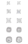 Nordstrom Rack Set Of 5 Cubic Zirconia Square & Halo Stud Earrings In Clear- Silver