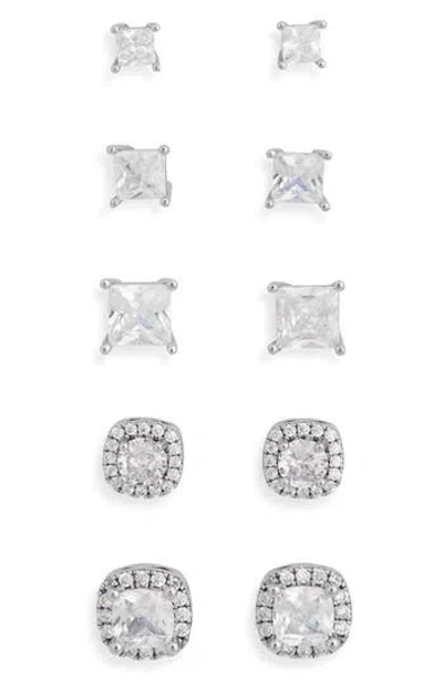 Nordstrom Rack Set Of 5 Cubic Zirconia Square & Halo Stud Earrings In Metallic