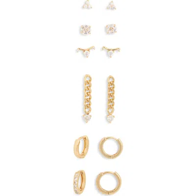 Nordstrom Rack Set Of 6 Cubic Zirconia Assorted Stud, Drop & Huggie Hoop Earrings In Clear- Gold