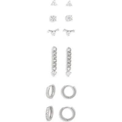 Nordstrom Rack Set Of 6 Cubic Zirconia Assorted Stud, Drop & Huggie Hoop Earrings In Metallic