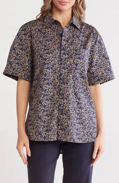 Nordstrom Rack Short Sleeve Cotton Poplin Button-up Shirt In Navy Blazer Trailing Vines