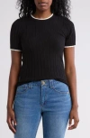 Nordstrom Rack Tipped Short Sleeve Ribbed Sweater In Black- Ivory Tipping