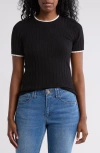Nordstrom Rack Tipped Short Sleeve Ribbed Sweater In Black- Ivory Tipping