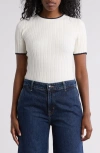 Nordstrom Rack Tipped Short Sleeve Ribbed Sweater In Ivory Tofu- Navy Night Tipping
