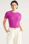 Nordstrom Rack Tipped Short Sleeve Ribbed Sweater In Pink Wild Aster- Tan Tipping