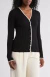 Nordstrom Rack Tipped V-neck Ribbed Cardigan In Black- Ivory Tipping