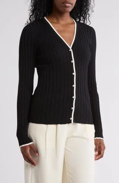 Nordstrom Rack Tipped V-neck Ribbed Cardigan In Black- Ivory Tipping