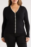 Nordstrom Rack Tipped V-neck Ribbed Cardigan In Black- Ivory Tipping