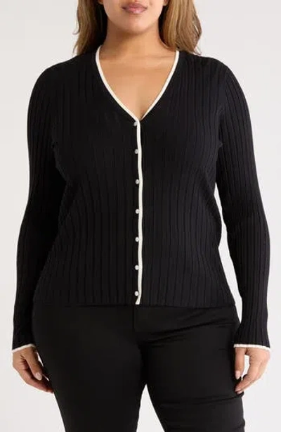 Nordstrom Rack Tipped V-neck Ribbed Cardigan In Black- Ivory Tipping