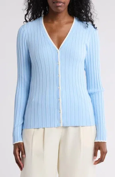 Nordstrom Rack Tipped V-neck Ribbed Cardigan In Blue Thread- Ivory Tipping