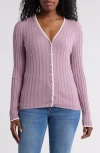 Nordstrom Rack Tipped V-neck Ribbed Cardigan In Purple Morn- Ivory Tipping