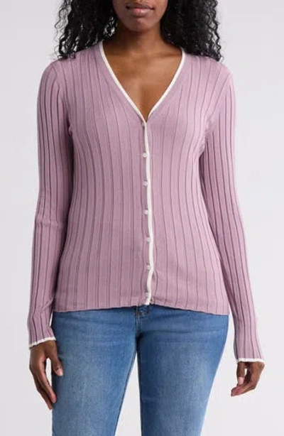 Nordstrom Rack Tipped V-neck Ribbed Cardigan In Purple Morn- Ivory Tipping