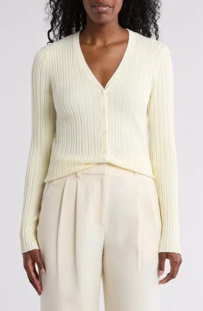 Nordstrom Rack Tipped V-neck Ribbed Cardigan In Yellow Pale- Ivory Tipping
