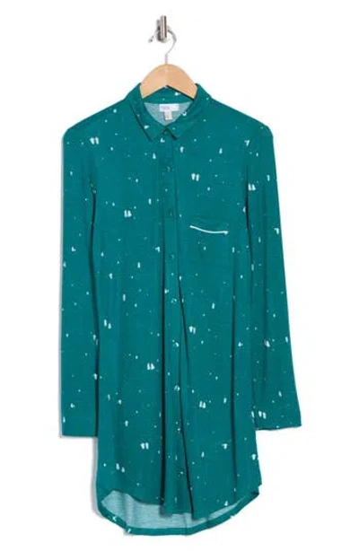 Nordstrom Rack Tranquility Button Front Nightshirt In Green- Ivory Tiny Trees