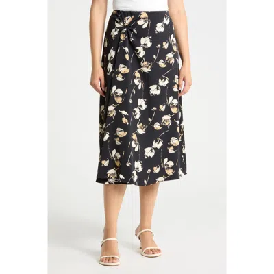 Nordstrom Rack Twist Detail Midi Skirt In Black- Beige Sketched Floral