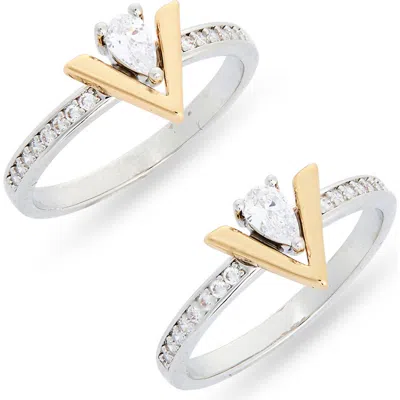 Nordstrom Rack Two Tone Cubic Zirconia V Inset Stacking Rings In Clear- Two Tone