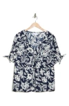 Nordstrom Rack V-neck Tie Short Sleeve Top In Navy Blazer Marked Blooms