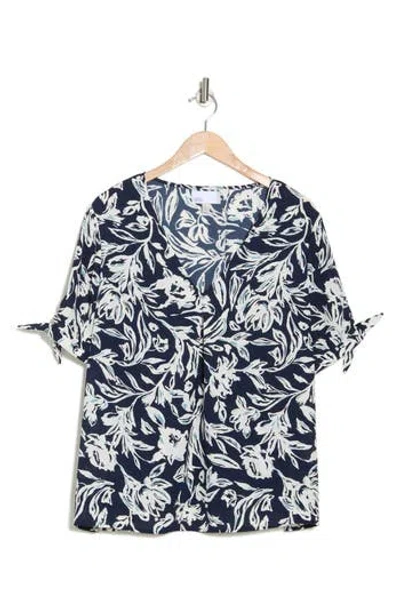 Nordstrom Rack V-neck Tie Short Sleeve Top In Navy Blazer Marked Blooms