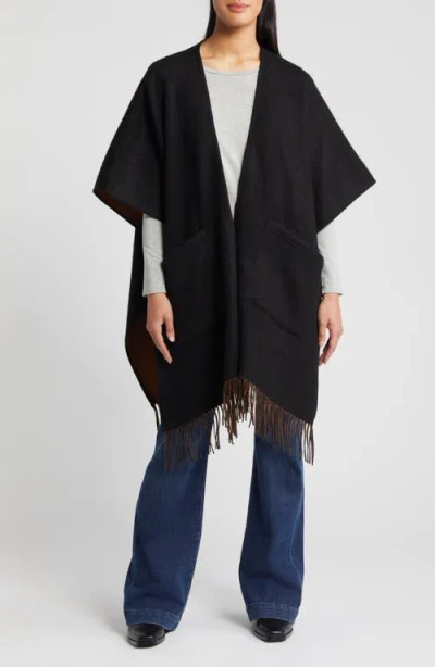 Nordstrom Reversible Pocket Wool & Cashmere Ruana In Black- Rust Combo