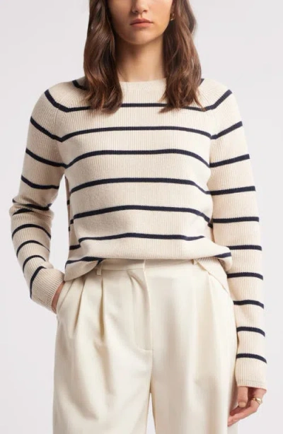 Nordstrom Rib Organic Cotton & Merino Wool Sweater In Beige Beach- Navy Night Stripe
