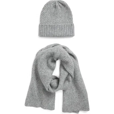 Nordstrom Ribbed Heather 2-piece Beanie & Scarf Set In Gray
