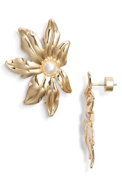 Nordstrom Ridged Petal Faux Pearl Drop Earrings In White- Gold