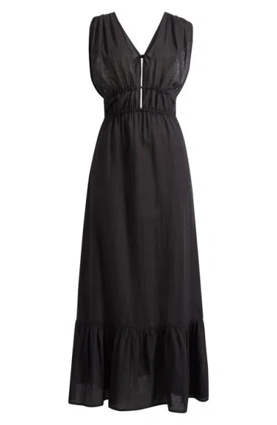 Nordstrom Ruched Plunge Maxi Cover-up Dress In Black