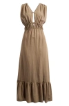 Nordstrom Ruched Plunge Maxi Cover-up Dress In Olive Covert