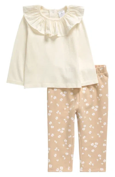 Nordstrom Babies'  Ruffle Collar Long Sleeve Top & Floral Leggings Set In Ivory Egret- Beige Flowers