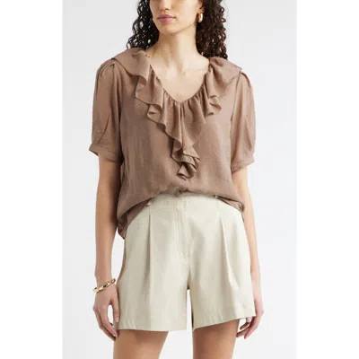 Nordstrom Ruffle Crinkle Semisheer Top In Brown