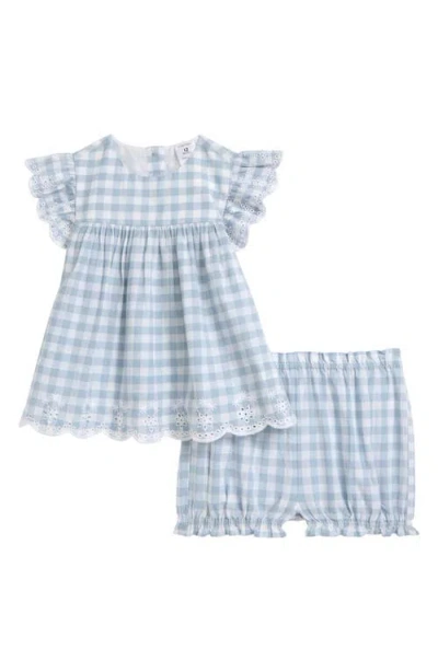 Nordstrom Babies'  Scalloped Gingham Check Cotton Top & Bloomers In Blue Fog Gingham