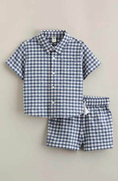 Nordstrom Babies'  Seersucker Short Sleeve Button-up Shirt & Drawstring Shorts Set In Blue