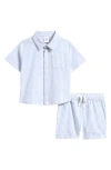 Nordstrom Babies'  Seersucker Short Sleeve Button-up Shirt & Drawstring Shorts Set In Blue Fog Stripe