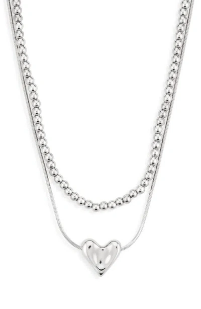 Nordstrom Set Of 2 Bead Chain & Puffy Heart Pendant Necklaces In Rhodium
