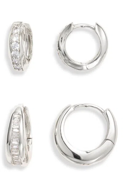 Nordstrom Set Of 2 Cubic Zirconia Channel Hoop Earrings In Silver