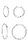 Nordstrom Set Of 2 Cubic Zirconia Pavé Skinny Hoop Earrings In Silver