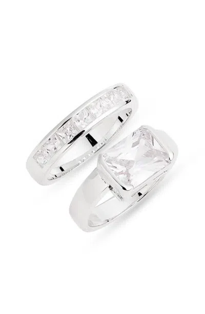 Nordstrom Set Of 2 Emerald Cut Cubic Zirconia Stack Rings In Silver