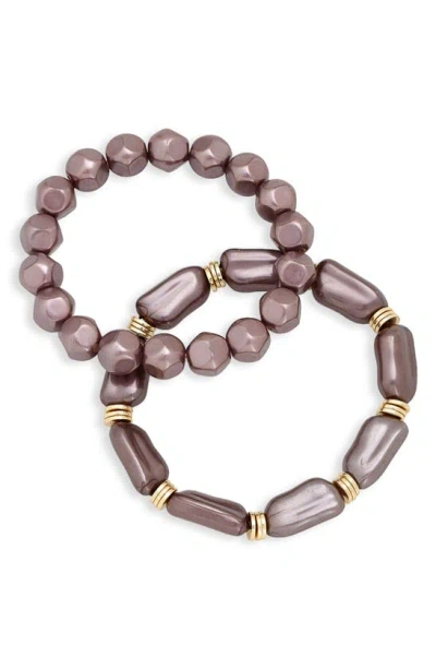 Nordstrom Set Of 2 Imitation Pearl Stretch Bracelets In Gold/plum
