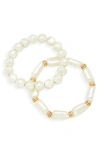Nordstrom Set Of 2 Imitation Pearl Stretch Bracelets In Gold/white