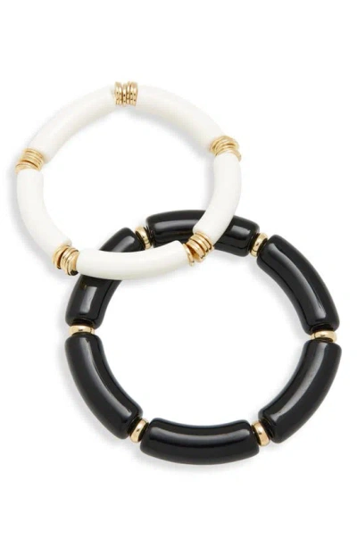 Nordstrom Set Of 2 Resin Tube Stretch Bracelets In Black- White- Gold