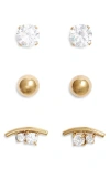 Nordstrom Set Of 3 Cubic Zirconia Assorted Stud Earrings In Gold