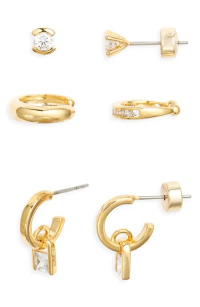 Nordstrom Set Of 3 Cubic Zirconia Ear Cuffs, Stud & Drop Huggie Hoop Earrings In Clear- Gold